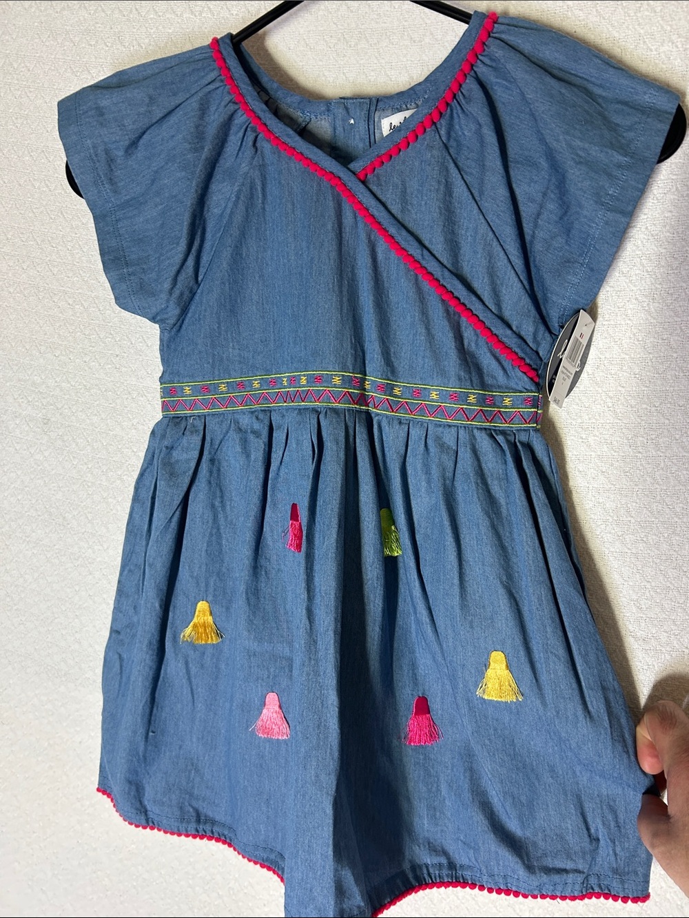 Le Top Blue Chambray Dress with Pink Trim and Multicolor Tassels